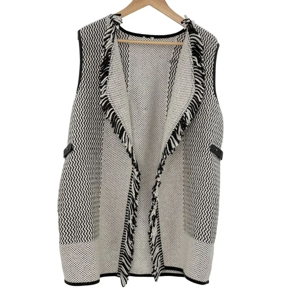 Chicos Black White Zigzag Fringe‎ Open Front Long Vest Women Wool Blend See Size